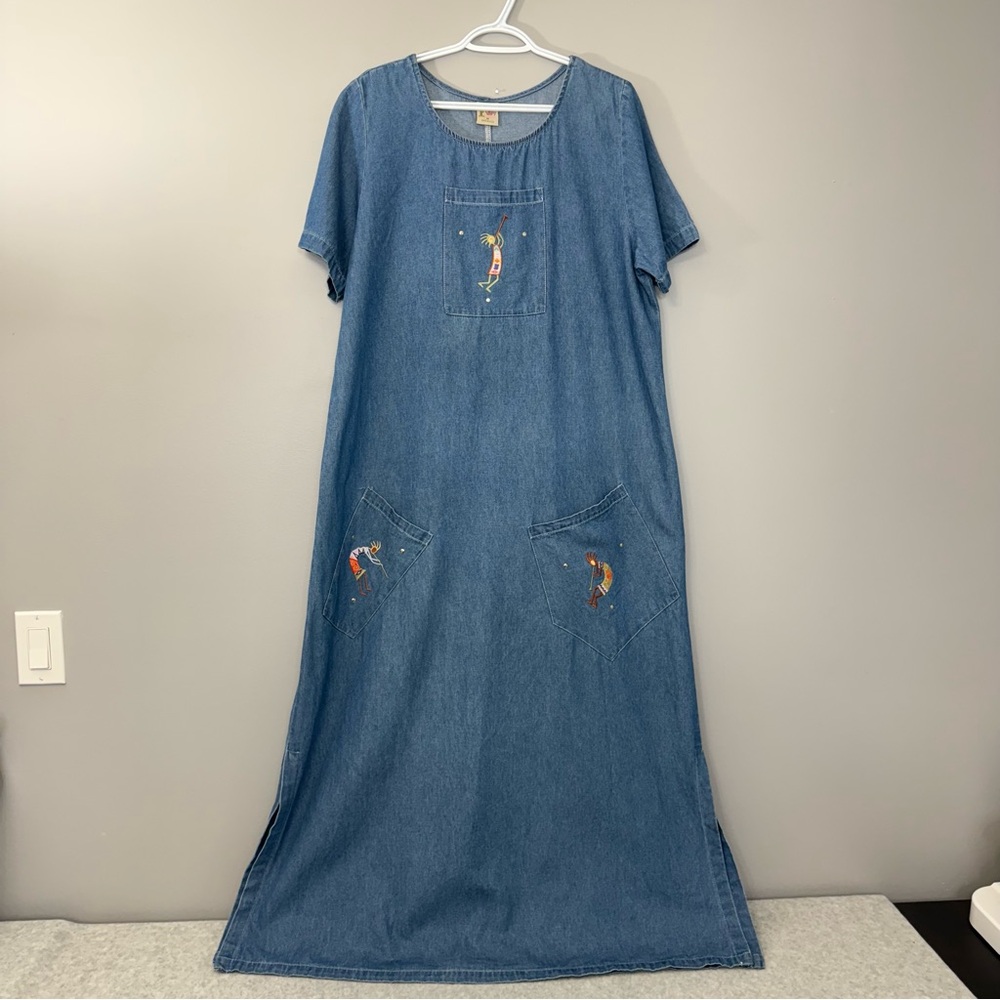 Vintage  CACTUS CALIFORNIA Cottagecore Embroidered Peasant Denim Dress size M - Picture 4 of 15